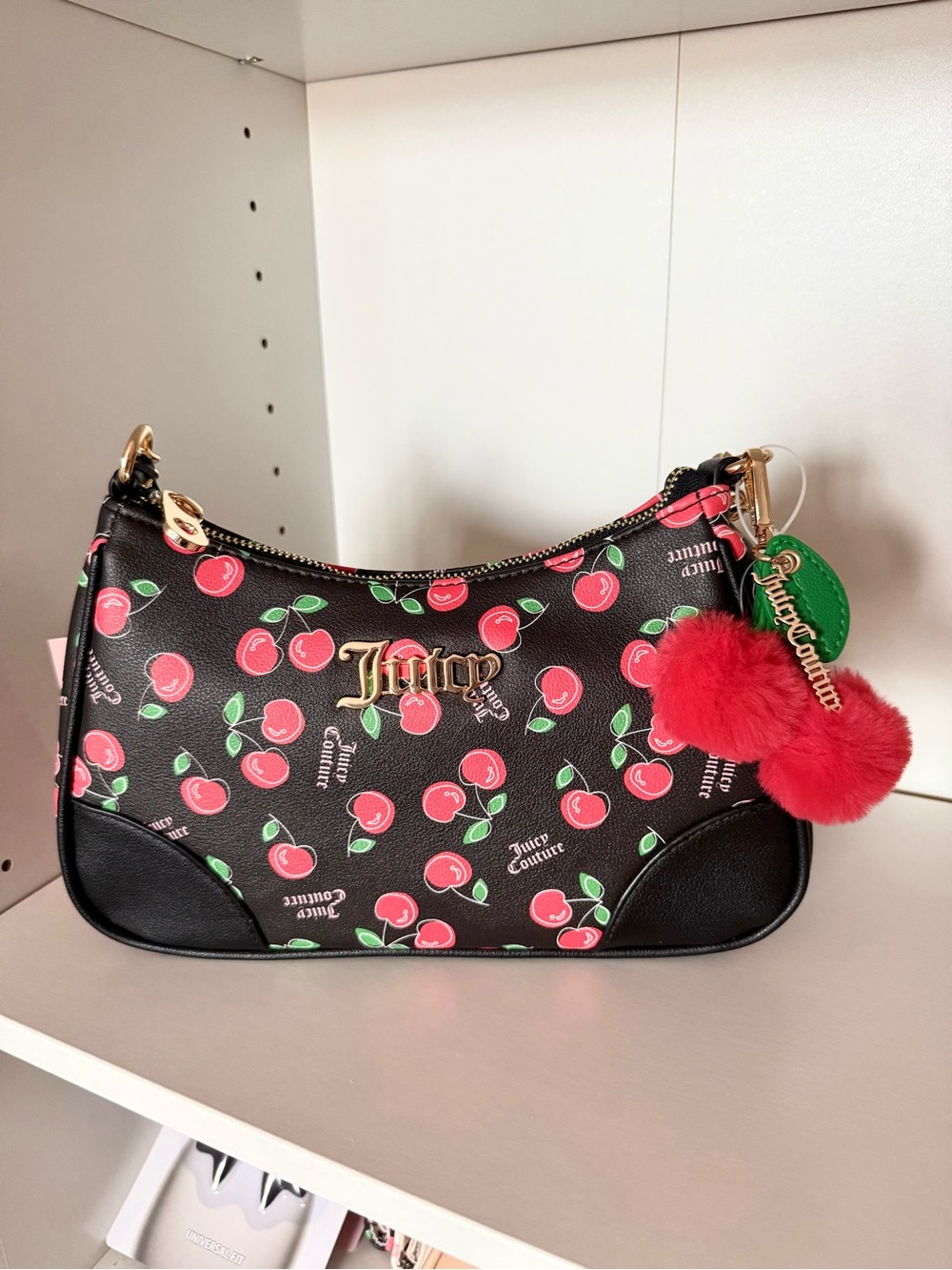 Juicy Couture “Cherry Girl” Black Cherry Print Shoulder Bag with Red Pom Charm